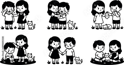 Kids comforting crying boy with cat in six scenes