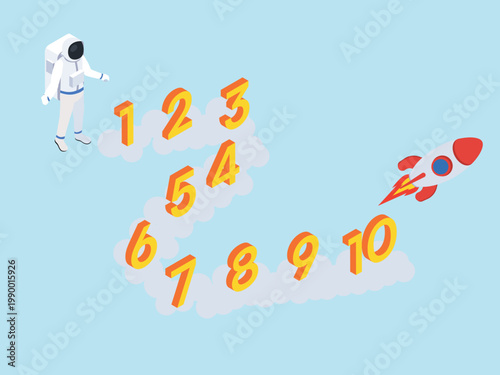 Space Education Concept with Astronaut, Rocket, and Numbers 1 to 10 on Cloud Path 3d isometric vector illustration