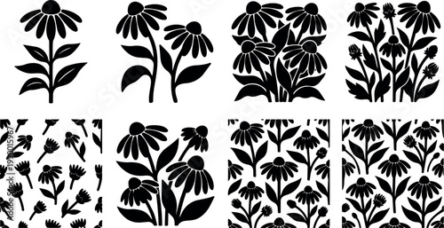 Black and white coneflower silhouette vector art set with floral motifs