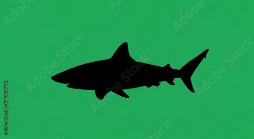 A shark silhouette swims across a green background with white space.