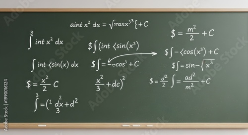 A chalkboard filled with complex mathematical equations and formulas written in white chalk.