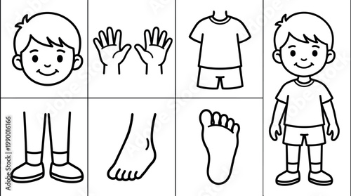 Black and white line art boy figure with separate body parts vector illustration