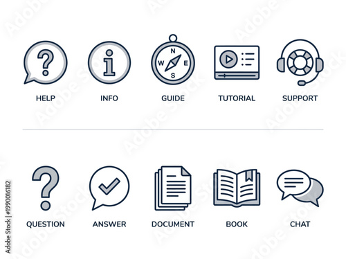 Helpful icons for customer service, support, and information assistance including question, answer, tutorial, and chat