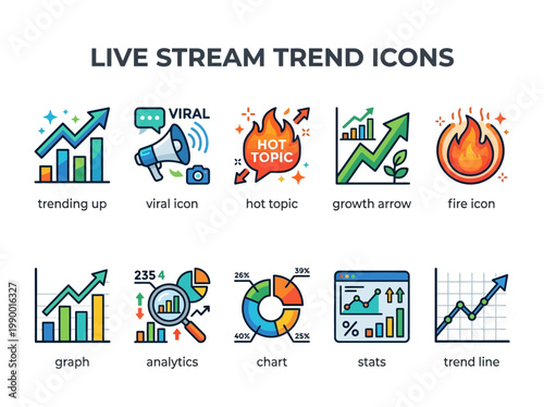 Live Streaming Trend Icons A Collection of Visual Elements for Trending Topics and Growth Analysis