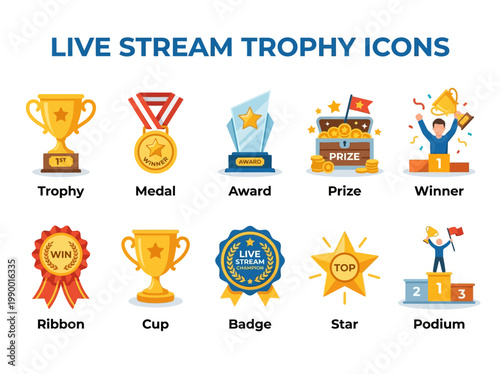 Collection of various award and recognition icons for live streaming, including trophies, medals, cups, badges, and podiums