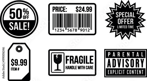 Black and white sale price barcode fragile and parental advisory labels vector art