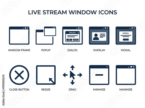 Collection of diverse icons representing various window functionalities and user interface elements for live streaming applications