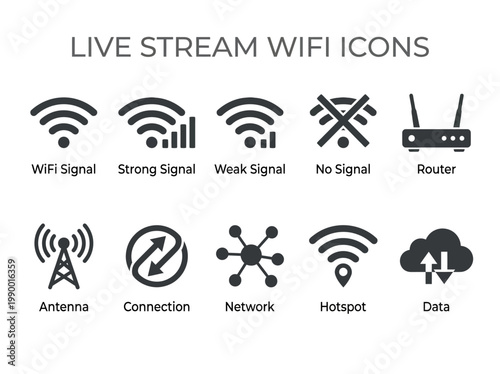 Collection of Wi-Fi and networking icons representing signal strength, connectivity, and data transfer for live streaming and internet services