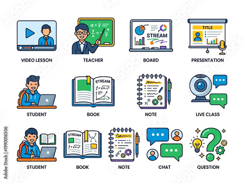Collection of educational icons representing online learning, classroom activities, and interactive sessions for knowledge sharing and academic pursuits