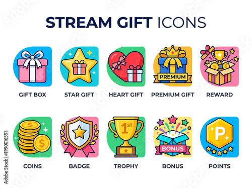 Set of Colorful Stream Gift Icons Gift Box, Star, Heart, Premium Gift, Reward, Coins, Badge, Trophy, Bonus, Points