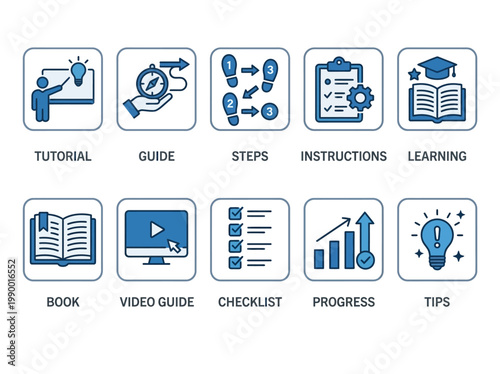 Set of line icons representing learning, guidance, and progress with visual cues like tutorials, books, checklists, and charts for educational or business purposes