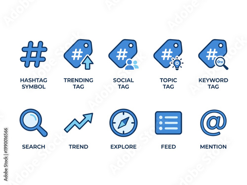 Collection of social media marketing and SEO icons including hashtag, trending, social, topic, keyword, search, trend, explore, feed, and mention