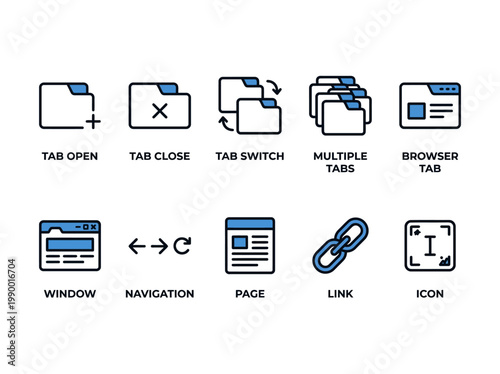 A collection of web browser tab and window icons representing various web navigation actions and elements, ideal for interface design and development