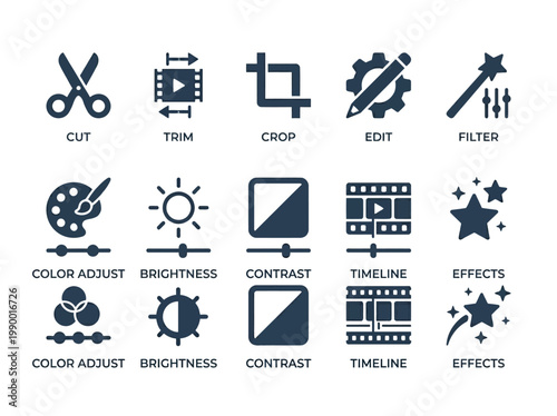 Collection of video editing icons including scissors, play button, crop tool, gear, magic wand, color palette, sun, film reel, and sparkle effects
