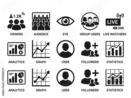 Collection of graphic icons representing data analysis, audience engagement, and user interaction in digital media and marketing