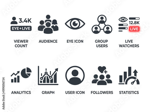 Social Media Analytics Icons Featuring Viewer Count, Audience, Group Users, Live Watchers, and Statistics