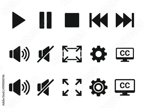 Collection of multimedia player controls and interface icons for digital media playback and device settings