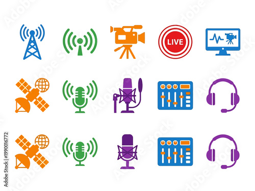 Collection of broadcast and communication icons including antenna, satellite, microphone, audio mixer, headphones, and live broadcasting symbols