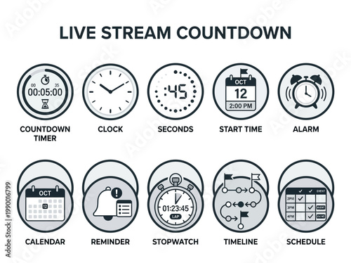 Various timer and scheduling icons for live streams including countdown, clock, seconds, start time, alarm, calendar, reminder, stopwatch, timeline, and schedule