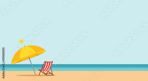 Flat illustration of yellow beach umbrella and lounge chair on sand