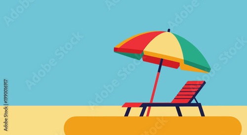 Flat illustration of colorful beach umbrella and sunbed on sand