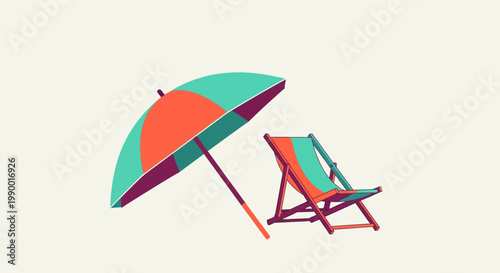 Flat vector illustration of a beach umbrella and sun lounger, concept of summer vacation and travel.