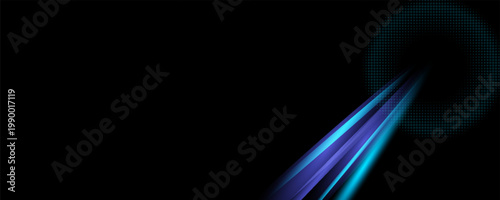 Black wide abstract horizontal technology banner with blue neon diagonal lines. Vector illustration dark elegant background.Print