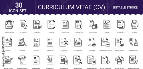 Professional curriculum vitae line icon set for job application and recruitment services