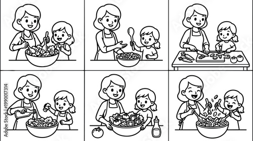 Black and white line art mother and daughter making salad step by step cooking process