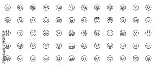 Emojis icon set. Vector emoji pack with angry, shy, crying, kissing, smiling, sad, laughing, scared and more expressions. Editable thin line faces.