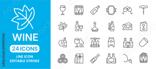 Set of 24 wine line icons for restaurant menu bar and shop design vector