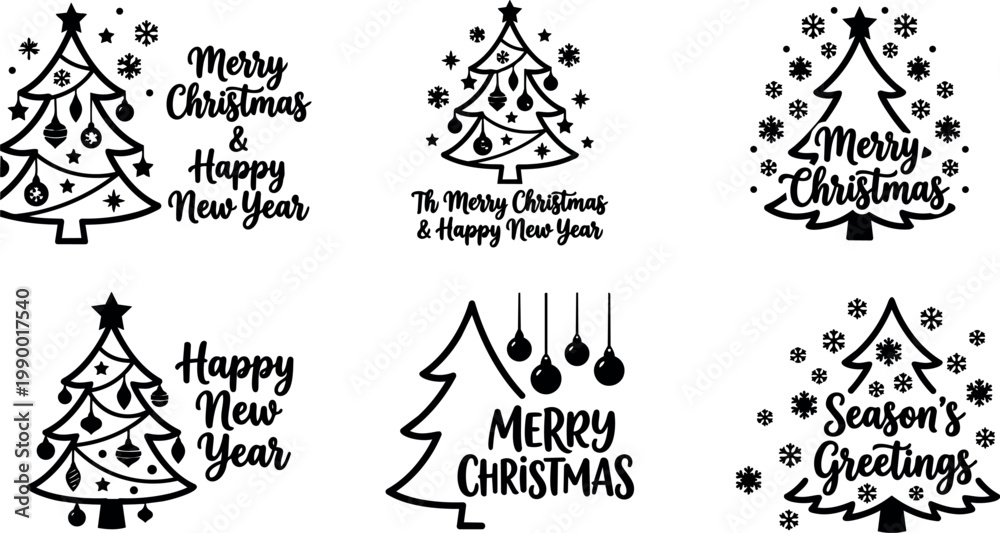 Fototapeta premium Black and white christmas tree with merry christmas and happy new year lettering vector art