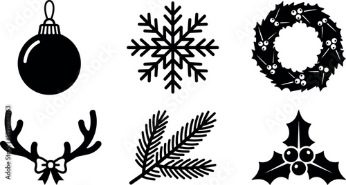 Black and white christmas wreath antlers snowflake and bauble holiday icons set