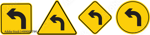 Directional Guidance: A collection of distinct traffic signs, each signaling a left turn, set against a vibrant yellow background, providing clear directional instructions for drivers.