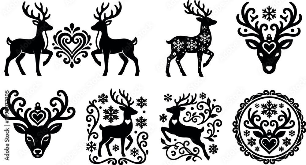 Fototapeta premium Black and white reindeer with snowflakes and decorative hearts vector art