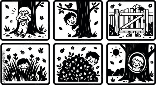 Black and white children playing hide and seek around tree fence and bushes vector art