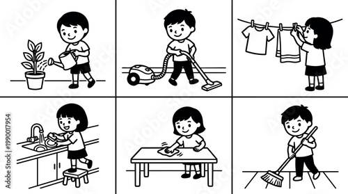 Black and white line art kids doing household chores indoor and outdoor activities