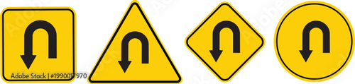 Navigational Pointers: A set of distinct road signs, each emblazoned with the iconic U-turn symbol, guides motorists with essential traffic instructions.