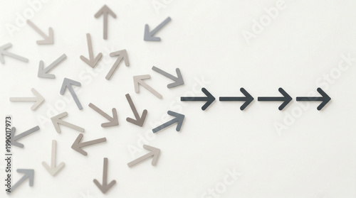 Chaotic Random Arrows Aligning Into Single Focused Direction on White Background – Leadership and Strategy Concept