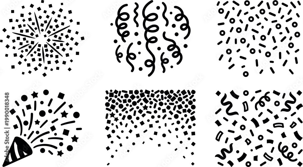 Fototapeta premium Black confetti and streamers celebration elements vector art set