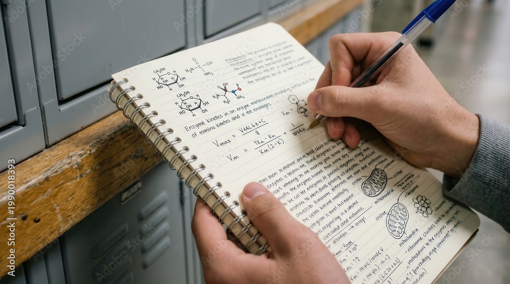Fototapeta premium Close up of chemistry notes in spiral notebook