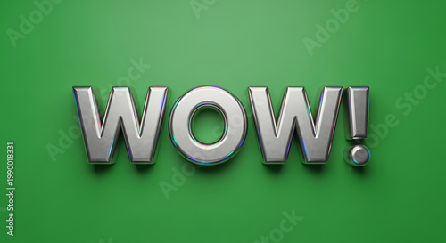 Silver 3D text of WOW with a subtle glitch effect on a green textured background, emphasizing surprise and excitement