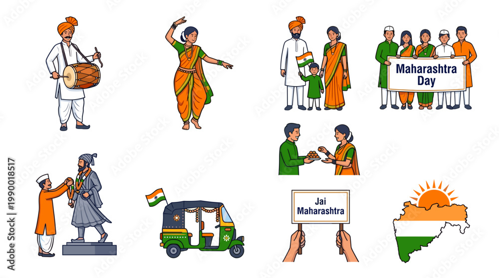 Fototapeta premium Colorful vector set of Maharashtra Day in India celebrating elements featuring traditional dance, music, family, map, and historical statue.