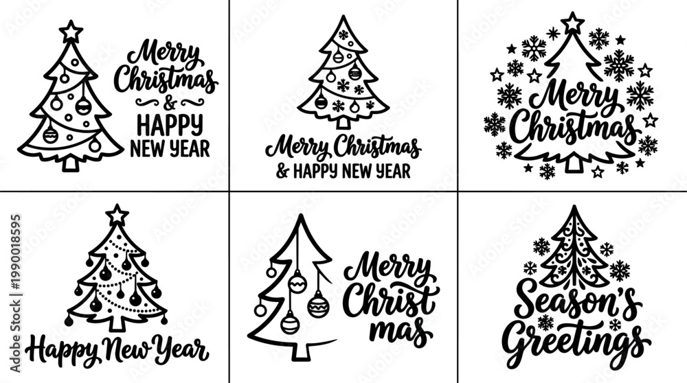 Fototapeta premium Black and white christmas tree lettering merry christmas and happy new year vector art