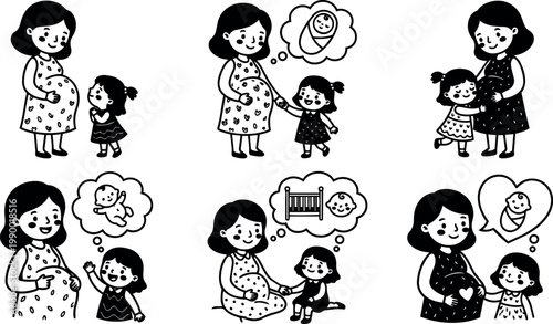 Pregnant mother and little girl imagining baby