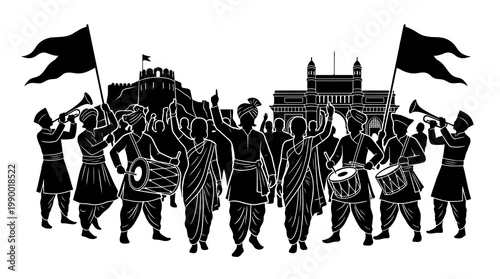 Maharashtra Day in India vector silhouette showing traditional Indian people playing trumpet and drum, dancing in front of historical fort.