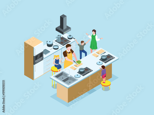 Family Cooking Together in Modern Kitchen 3d isometric vector illustration