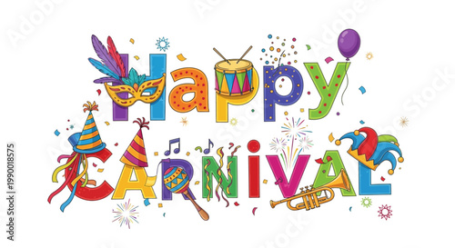 Happy Carnival Text Design with Festive Elements and Confetti