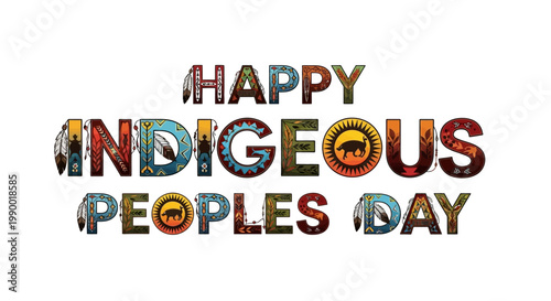Happy Indigenous Peoples Day text with traditional native American tribal patterns.