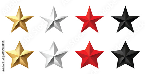 Set of 3D star icons in gold silver red and black colors with glossy metallic style. Collection of rating award and achievement symbols isolated on light background. Perfect for UI design apps games b